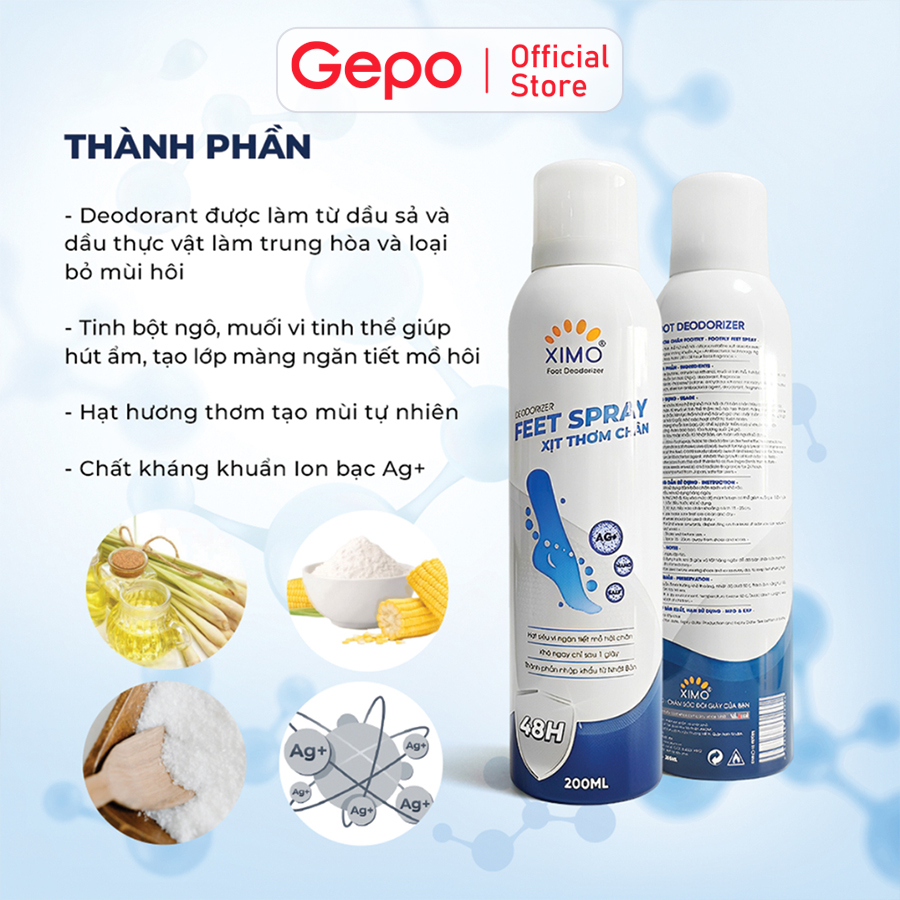 Xịt thơm chân khử mùi hôi chân và khử mùi giày ngăn tiết mồ hôi và vi khuẩn gây mùi Ximo Feet Spray 200ml