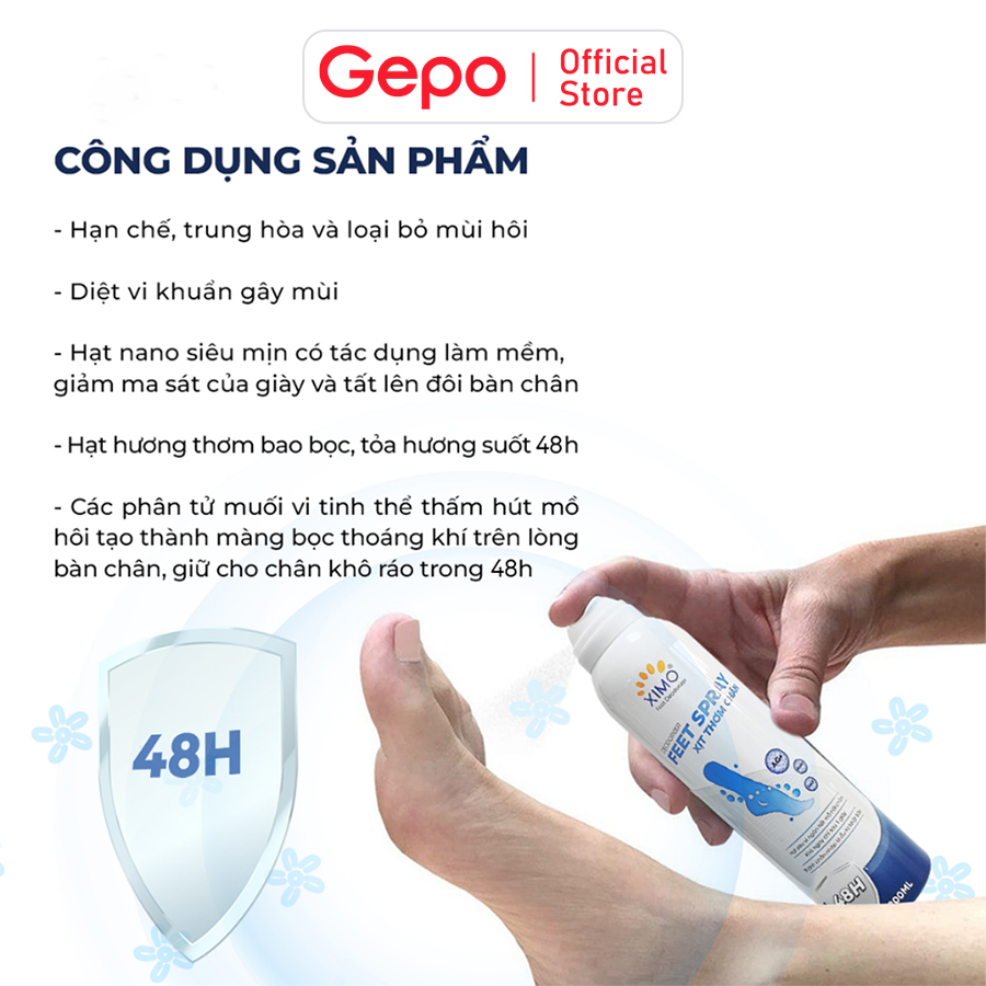 Xịt thơm chân khử mùi hôi chân và khử mùi giày ngăn tiết mồ hôi và vi khuẩn gây mùi Ximo Feet Spray 200ml