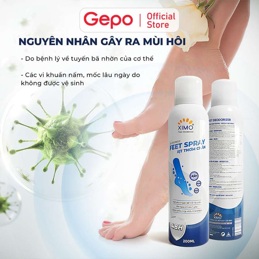 Xịt thơm chân khử mùi hôi chân và khử mùi giày ngăn tiết mồ hôi và vi khuẩn gây mùi Ximo Feet Spray 200ml