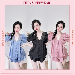 Đồ ngủ nữ bộ lụa mặc nhà pyjama quần đùi tay ngắn phối ren chất liệu cao cấp thoáng mát.