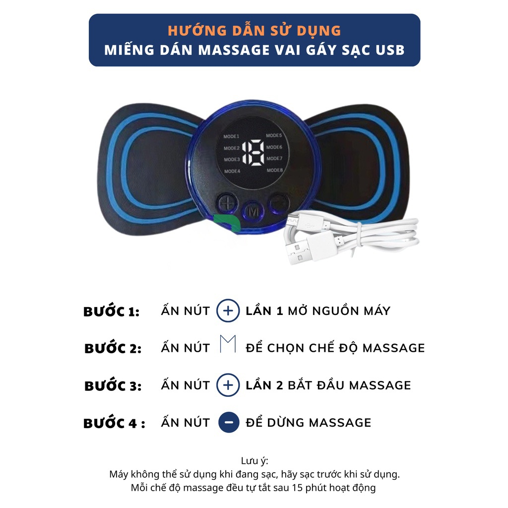 Miếng dán massage xung điện cổ vai gáy, bắp tay, lưng 10 chế độ mát-xa, pin sạc - Máy massage mini toàn thân an toàn