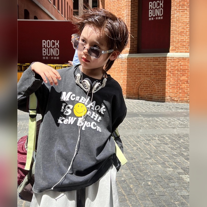 Áo thun dài tay bé trai mặt cười A393 size 100-160, quần áo trẻ em thu đông cao cấp