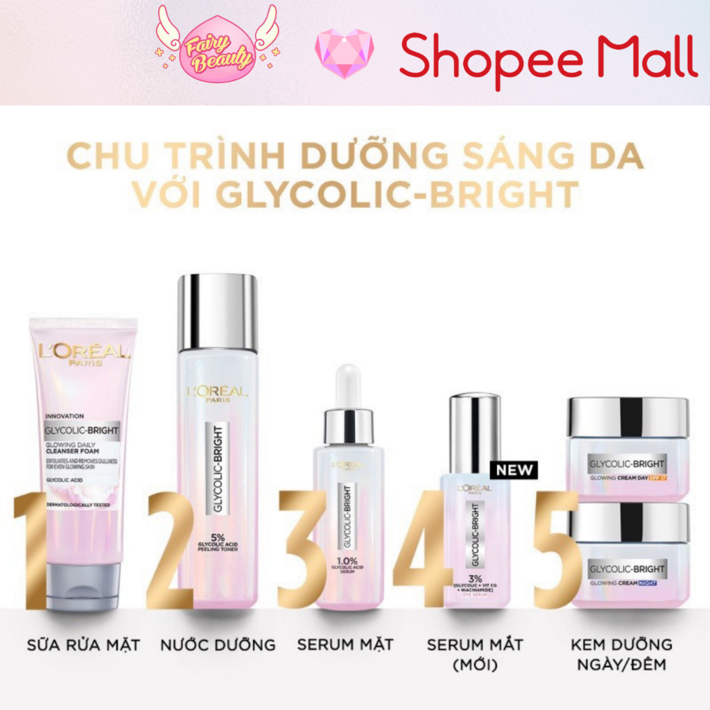 [L'OREAL PARIS] Serum Dưỡng Vùng Mắt Giúp Làm Sáng & Giảm Quầng Thâm Tối Ưu Glycolic - Bright Dark Circle Eye Serum 20ml