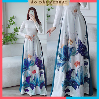 Áo dài cách tân truyền thống lụa phi yến trắng hoạ tiết hoa sen | PY12