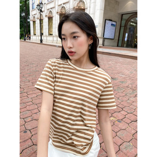 Áo thun baby tee nữ tay ngắn, Áo thun dệt kim nữ ngắn tay cổ tròn kẻ sọc | Fasen Top | Secodee