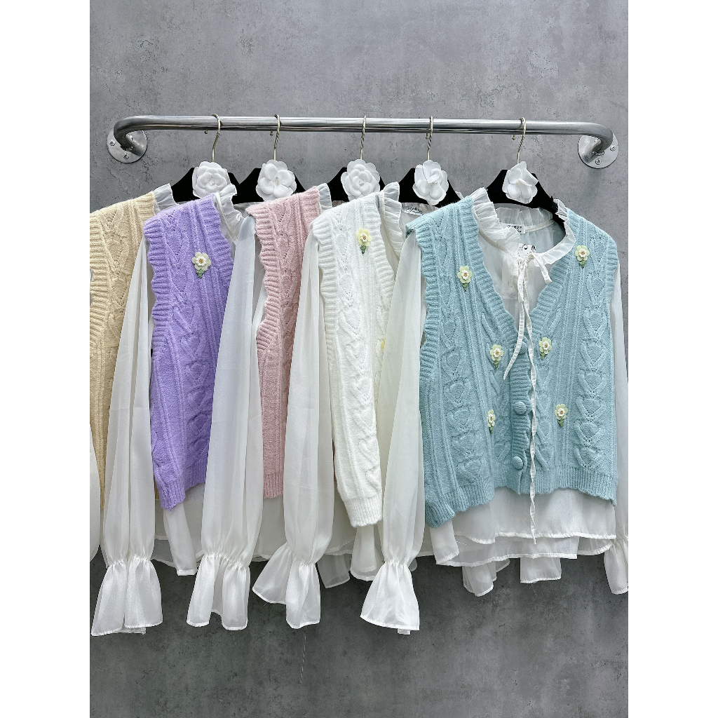 Áo gile len đính hoa nổi hàng QC kèm áo sơ mi tơ