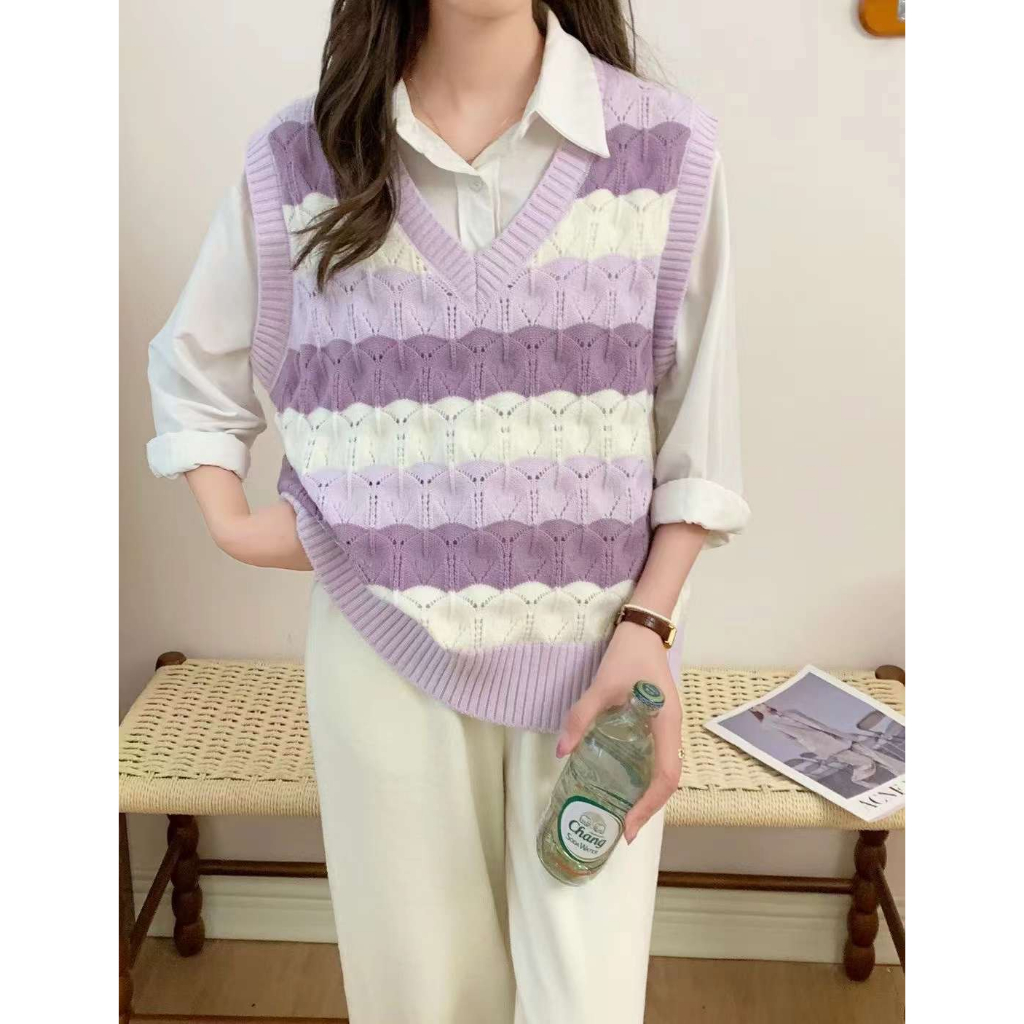 Áo gile len sóng phối màu hàng QC