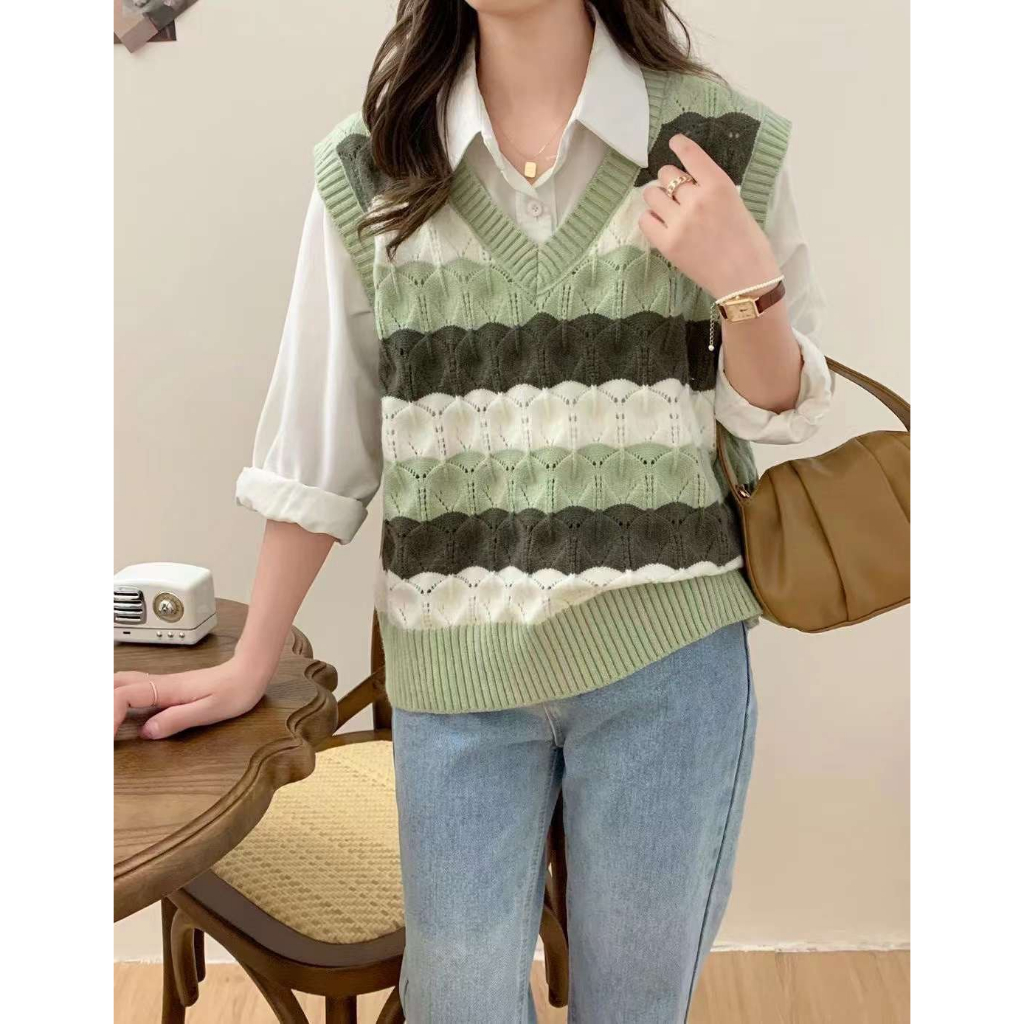 Áo gile len sóng phối màu hàng QC