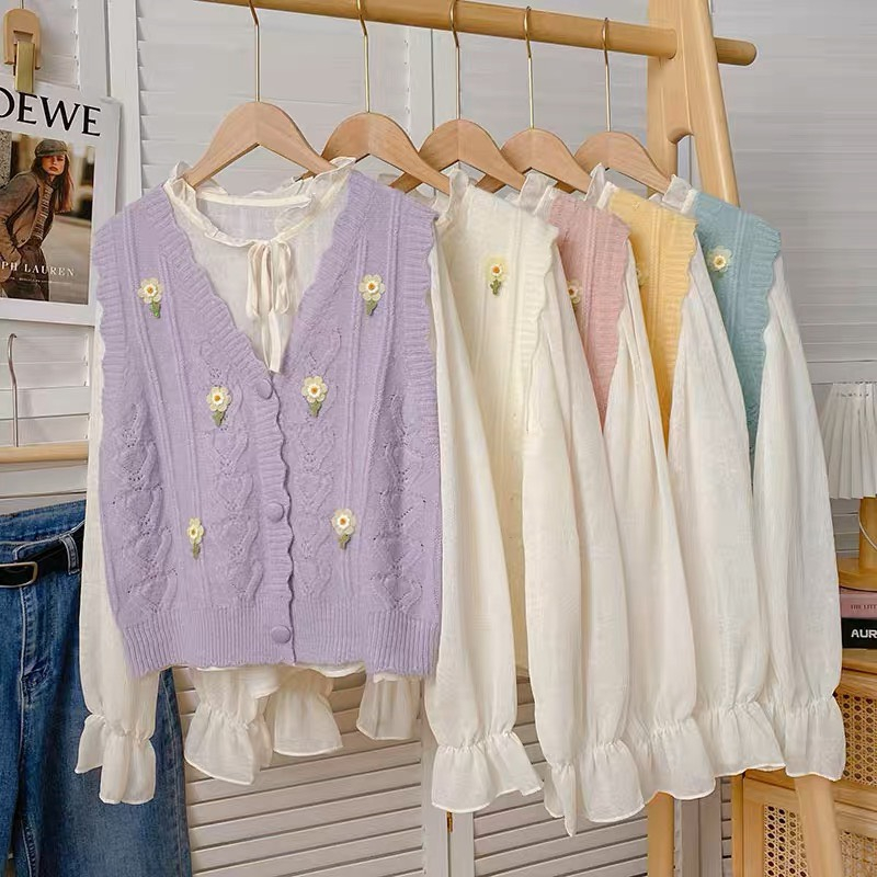 Áo gile len đính hoa nổi hàng QC kèm áo sơ mi tơ