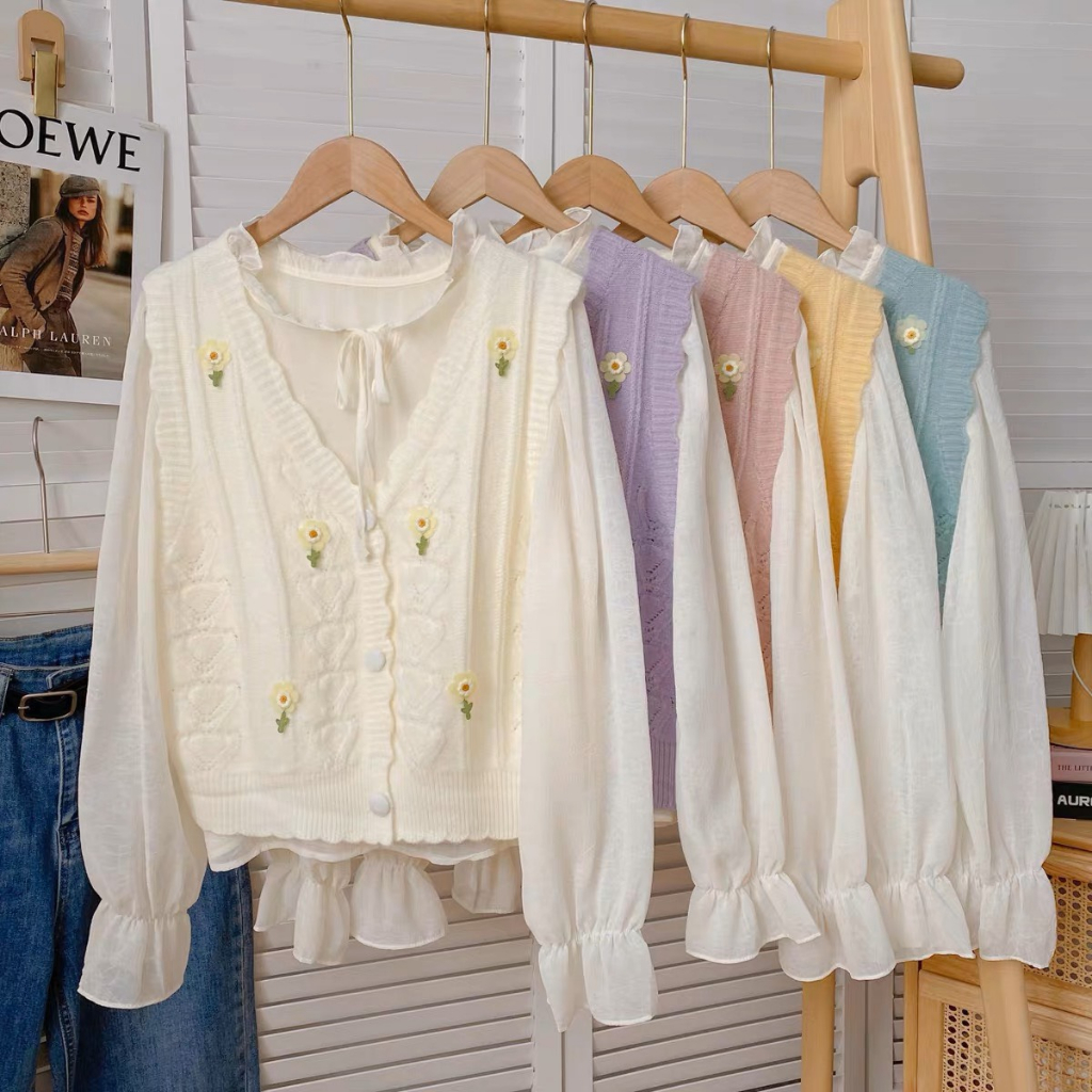 Áo gile len đính hoa nổi hàng QC kèm áo sơ mi tơ