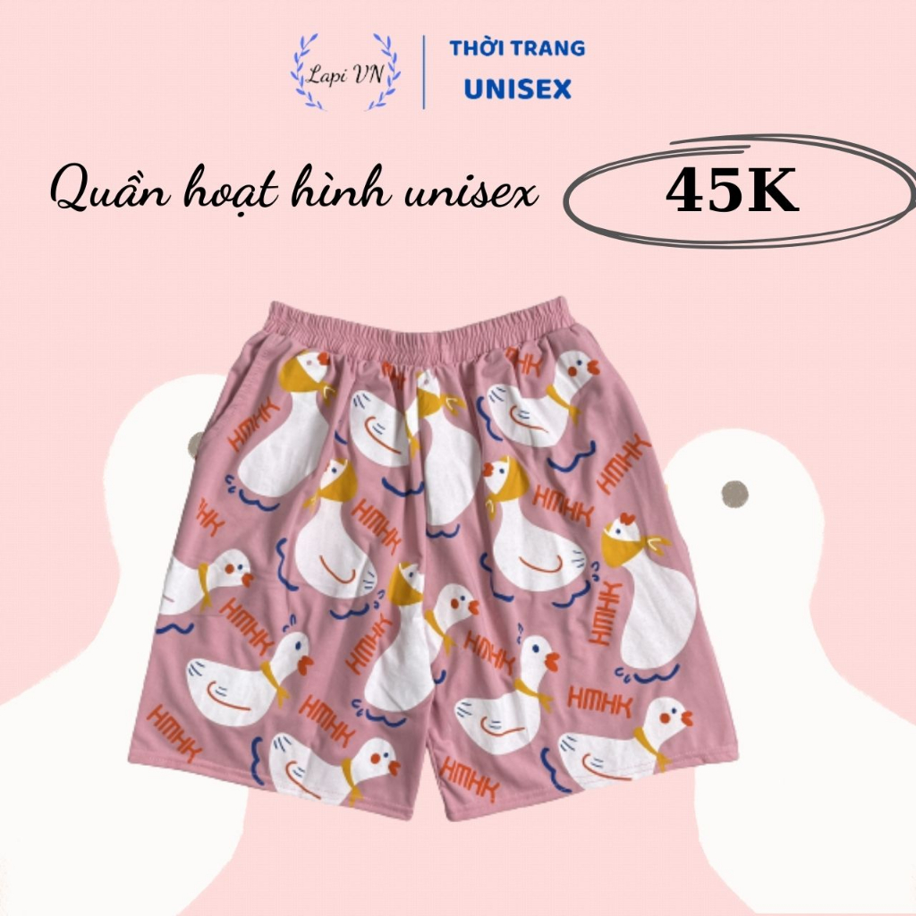 Quần Short Mặc Nhà Unisex Màu Hồng In Hình Vịt DUCK -Lapi VN ,FREESIZE Nam Nữ Đều Mặc Được, Thun Thể Thao Thoáng Mát