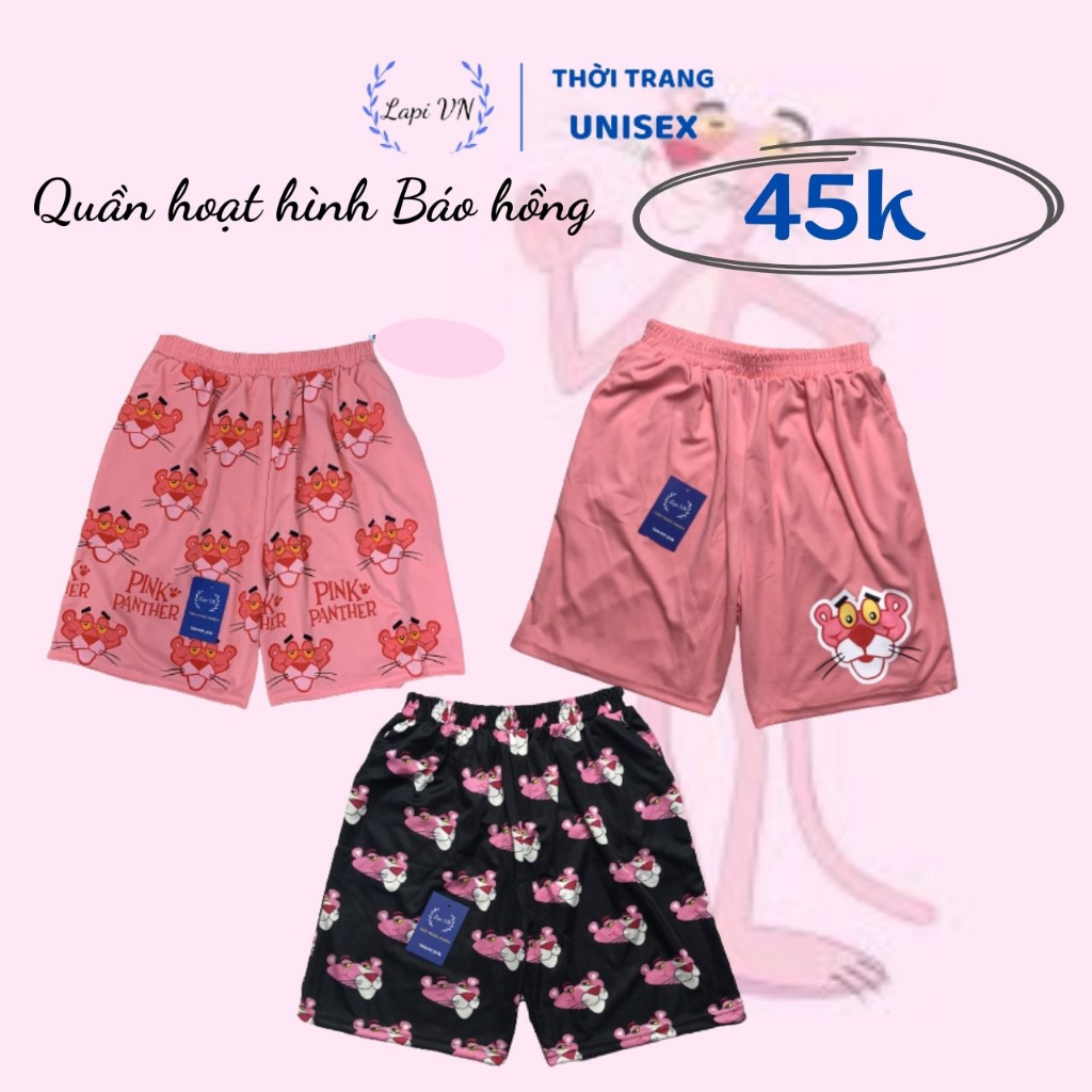 Quần Short Mặc Nhà Unisex Báo Hồng The Pink Panther -Lapi VN ,FREESIZE Nam Nữ Đều Mặc Được, Thun Thể Thao Thoáng Mát