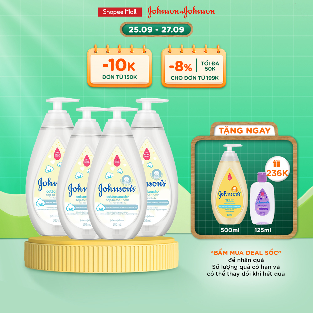 sữa tắm 2 trong 1 (gội+tắm toàn thân) mềm mịn Johnson' baby Bath Cotton Touch 500mlx4