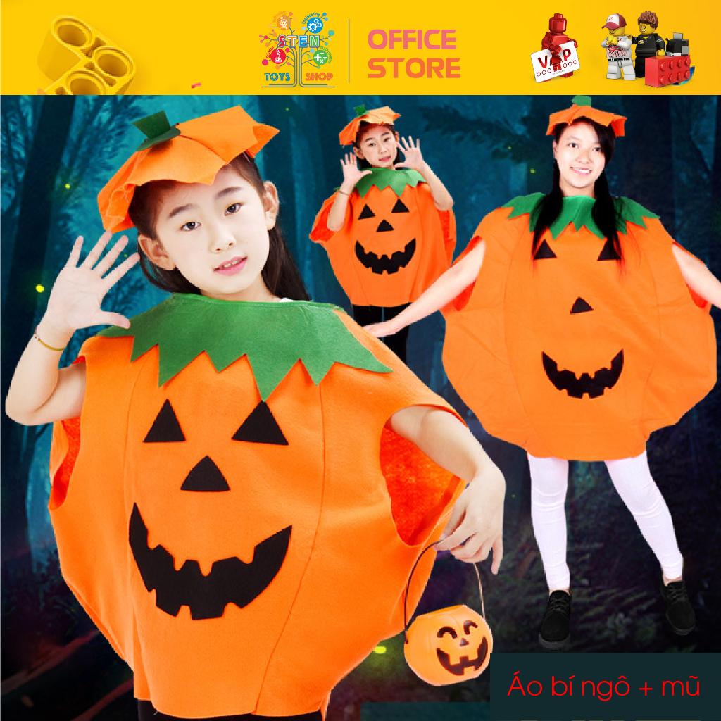 Bộ Áo Bí Ngô Kèm Mũ Hóa Trang Halloween Đủ Size Cho Bé Trai Bé Gái Người Lớn