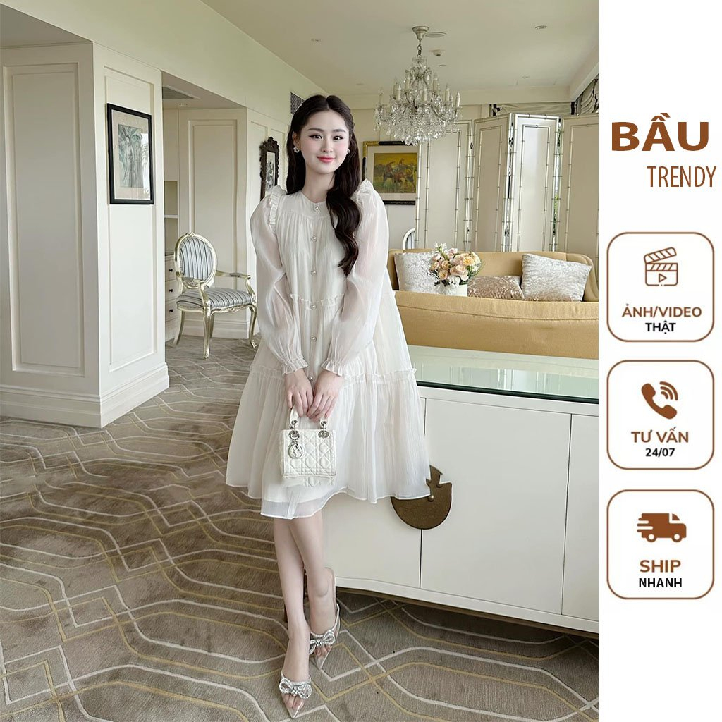 Váy Đầm Bầu Công Sở Dự Tiệc Mùa Cưới Tiểu Thư Sang Chảnh-Đầm Bầu Babydoll Vải Voan Tơ 2 Lớp Frisize