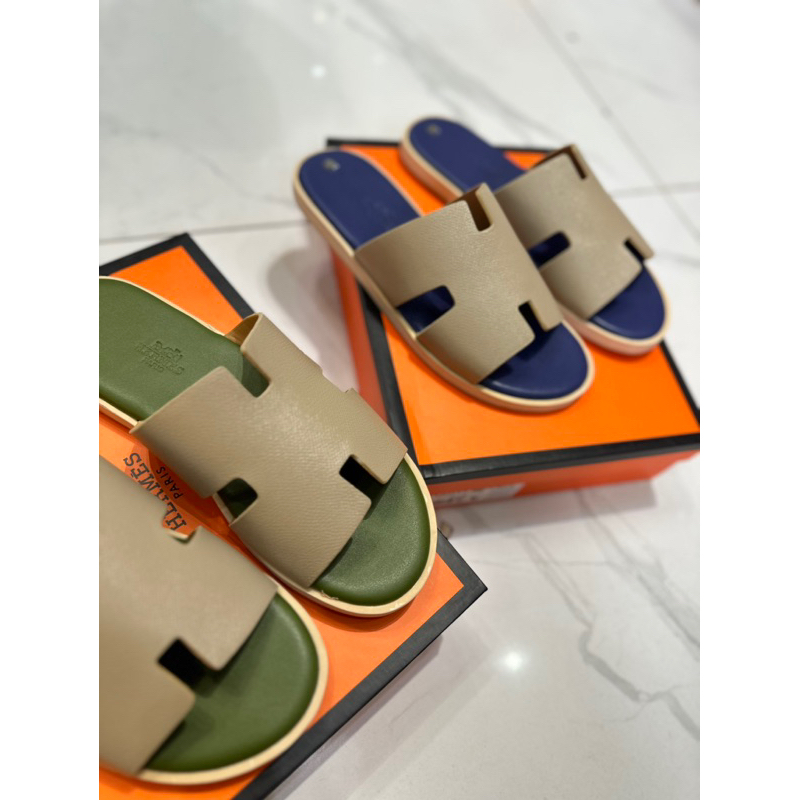 Dép lê  HM đế gỗ nam - dép Hermess da qai be đế xanh cao cấp