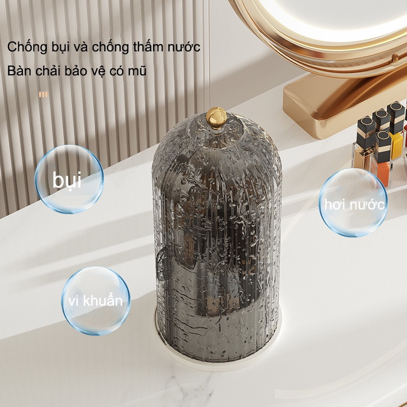 Hộp lưu trữ mỹ phẩm xoay 360 độ, kệ đựng cọ trang điểm có nắp để bàn decor chống bụi tiện lợi