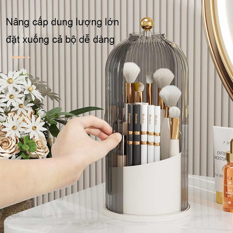 Hộp lưu trữ mỹ phẩm xoay 360 độ, kệ đựng cọ trang điểm có nắp để bàn decor chống bụi tiện lợi