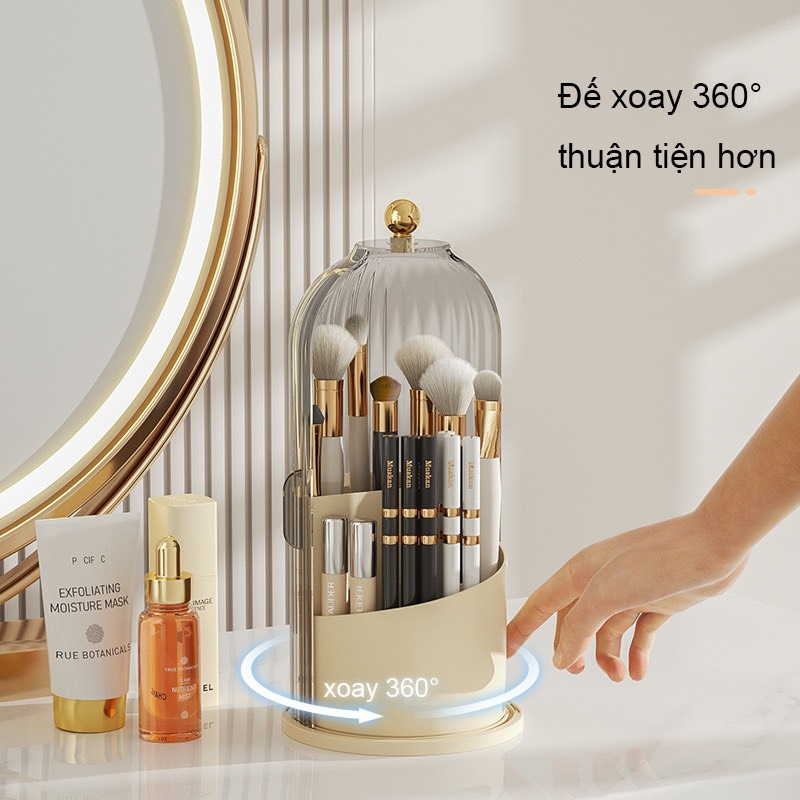 Hộp lưu trữ mỹ phẩm xoay 360 độ, kệ đựng cọ trang điểm có nắp để bàn decor chống bụi tiện lợi