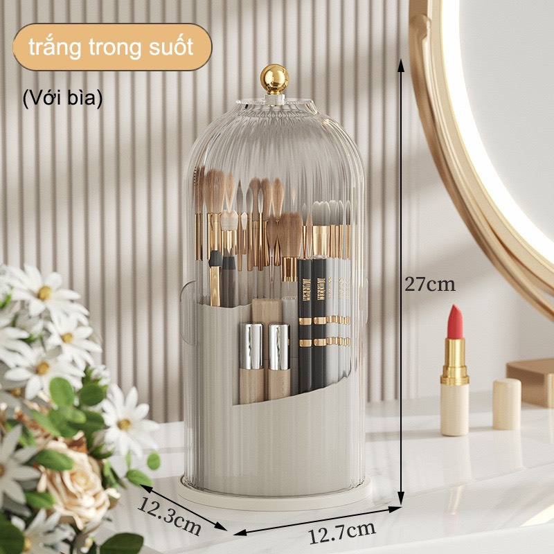 Hộp lưu trữ mỹ phẩm xoay 360 độ, kệ đựng cọ trang điểm có nắp để bàn decor chống bụi tiện lợi