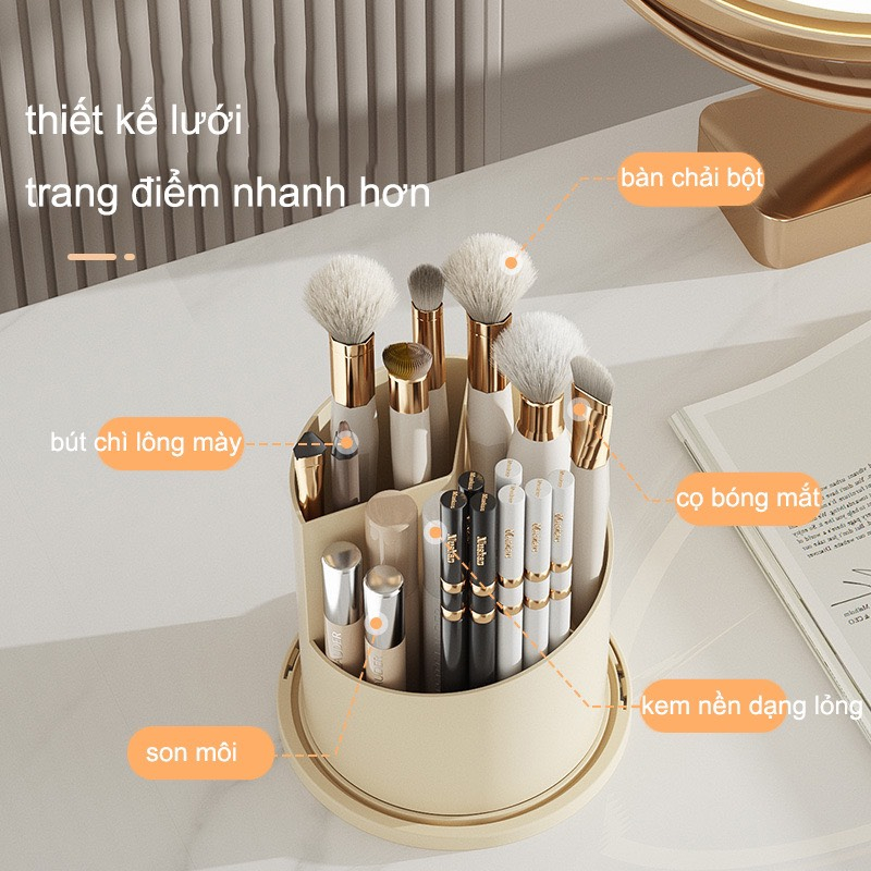 Hộp lưu trữ mỹ phẩm xoay 360 độ, kệ đựng cọ trang điểm có nắp để bàn decor chống bụi tiện lợi