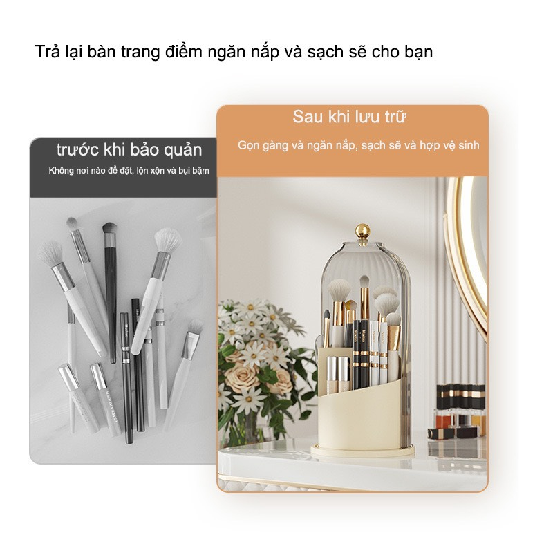 Hộp lưu trữ mỹ phẩm xoay 360 độ, kệ đựng cọ trang điểm có nắp để bàn decor chống bụi tiện lợi