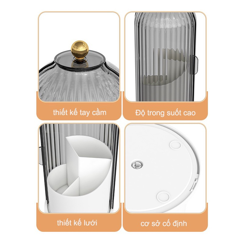 Hộp lưu trữ mỹ phẩm xoay 360 độ, kệ đựng cọ trang điểm có nắp để bàn decor chống bụi tiện lợi