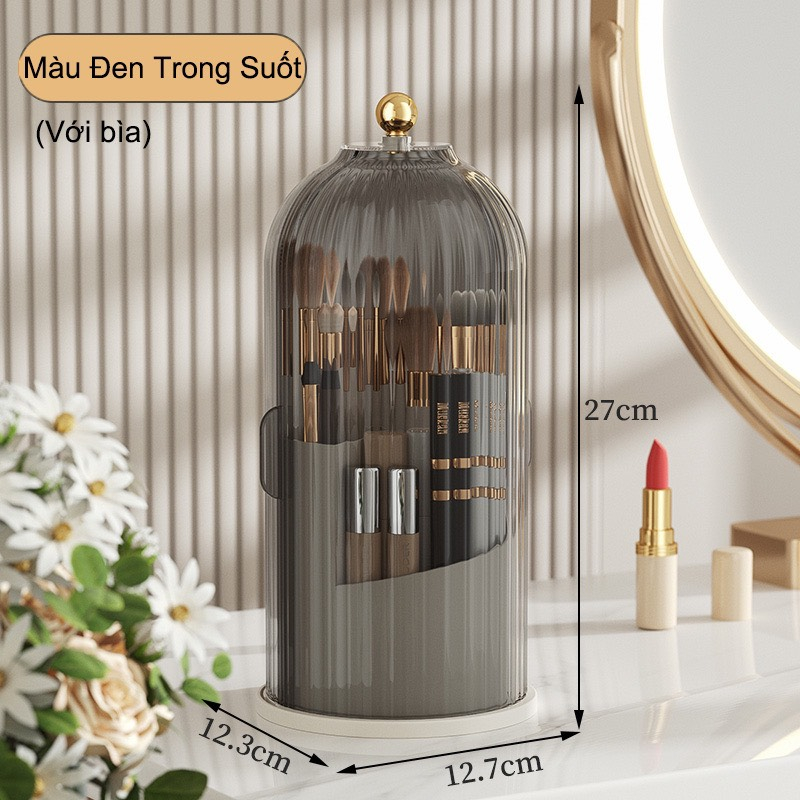 Hộp lưu trữ mỹ phẩm xoay 360 độ, kệ đựng cọ trang điểm có nắp để bàn decor chống bụi tiện lợi