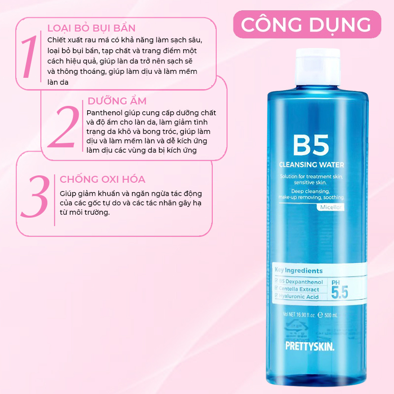 Nước Tẩy Trang Phục Hồi Cho Da Nhạy Cảm Pretty Skin Hàn Quốc B5 Cleansing Water 500ml Giúp Sạch Khuẩn Lớp Trang Điểm