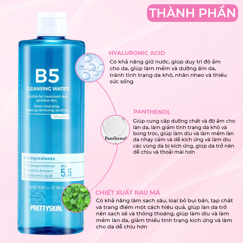 Nước Tẩy Trang Phục Hồi Cho Da Nhạy Cảm Pretty Skin Hàn Quốc B5 Cleansing Water 500ml Giúp Sạch Khuẩn Lớp Trang Điểm