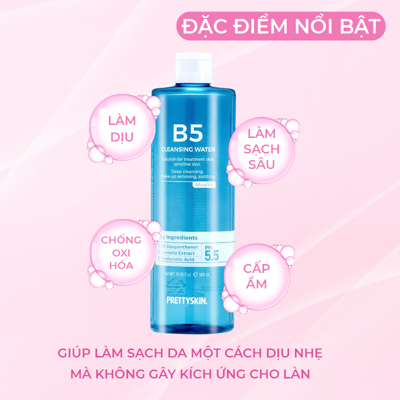Nước Tẩy Trang Phục Hồi Cho Da Nhạy Cảm Pretty Skin Hàn Quốc B5 Cleansing Water 500ml Giúp Sạch Khuẩn Lớp Trang Điểm