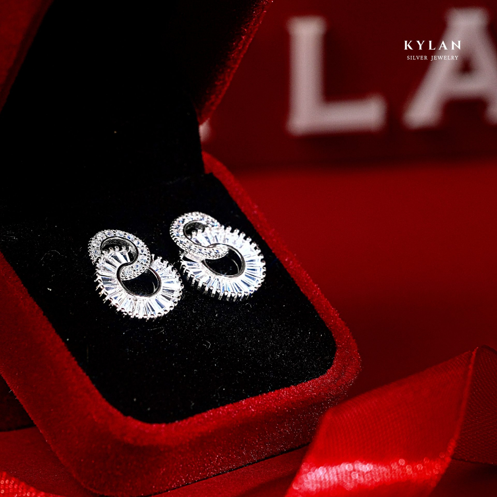 Khuyên Tai Nữ Kylan Silver KL0180 Vòng Kép Full Đá Baguette Kim Cương Nhân Tạo