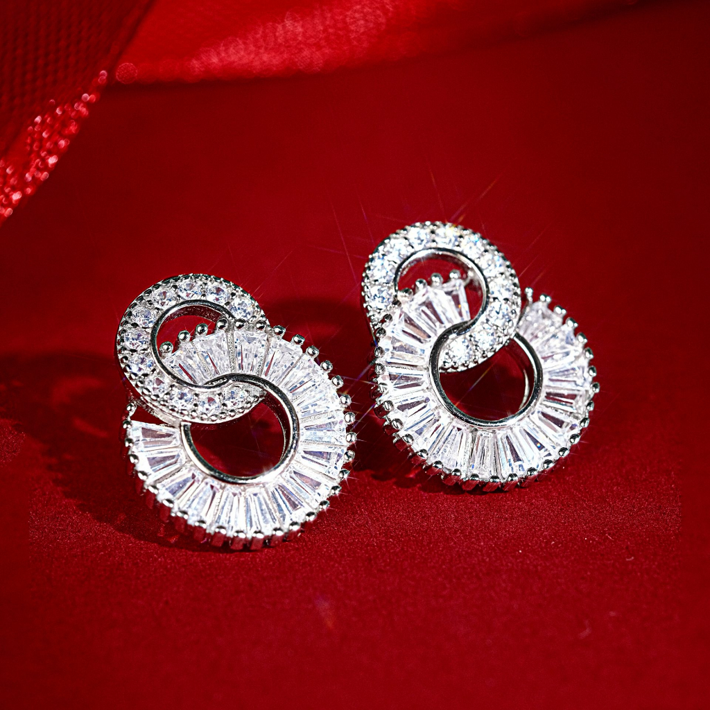 Khuyên Tai Nữ Kylan Silver KL0180 Vòng Kép Full Đá Baguette Kim Cương Nhân Tạo