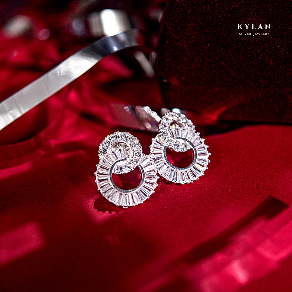 Khuyên Tai Nữ Kylan Silver KL0180 Vòng Kép Full Đá Baguette Kim Cương Nhân Tạo