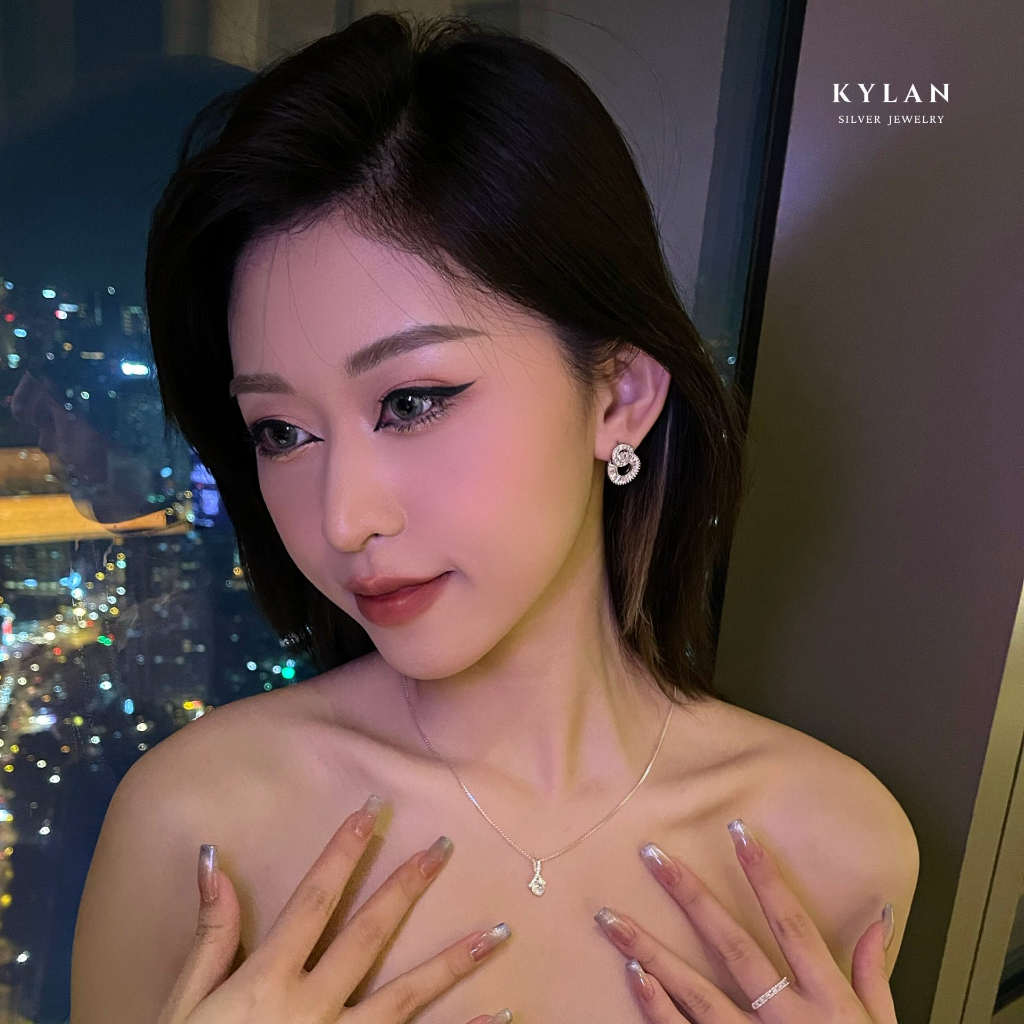 Khuyên Tai Nữ Kylan Silver KL0180 Vòng Kép Full Đá Baguette Kim Cương Nhân Tạo