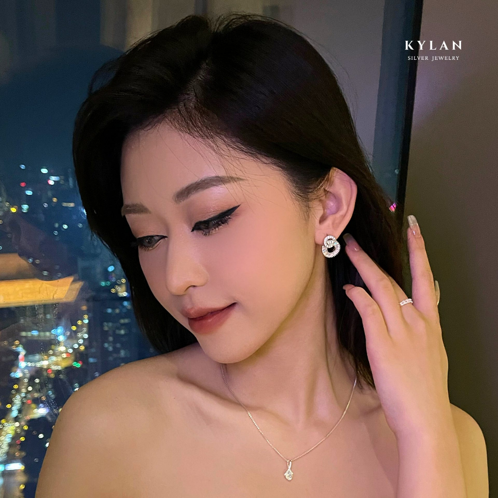 Khuyên Tai Nữ Kylan Silver KL0180 Vòng Kép Full Đá Baguette Kim Cương Nhân Tạo
