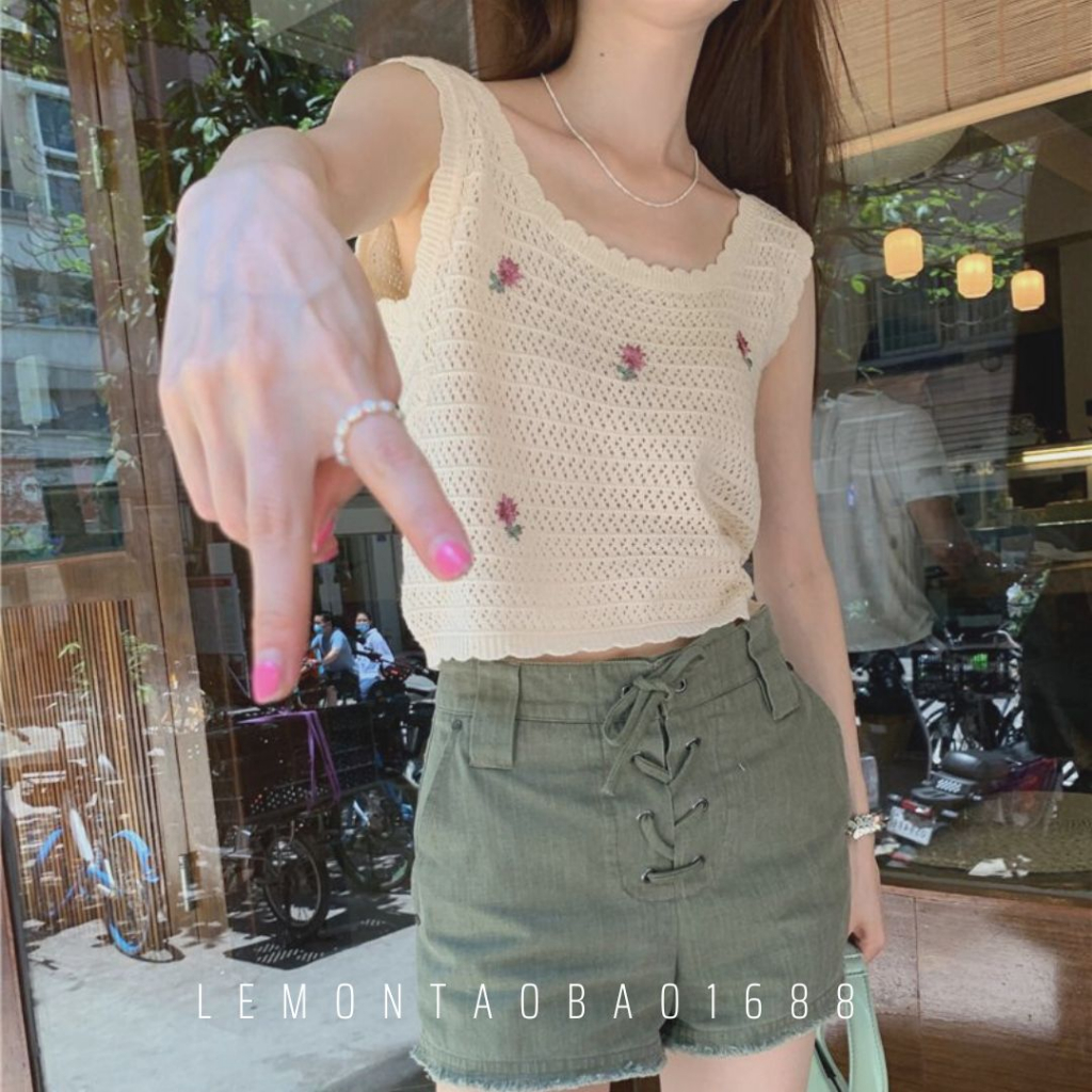 Áo 2 dây bản to in hoa, cổ rộng phong cách dễ thương Lemontaobao