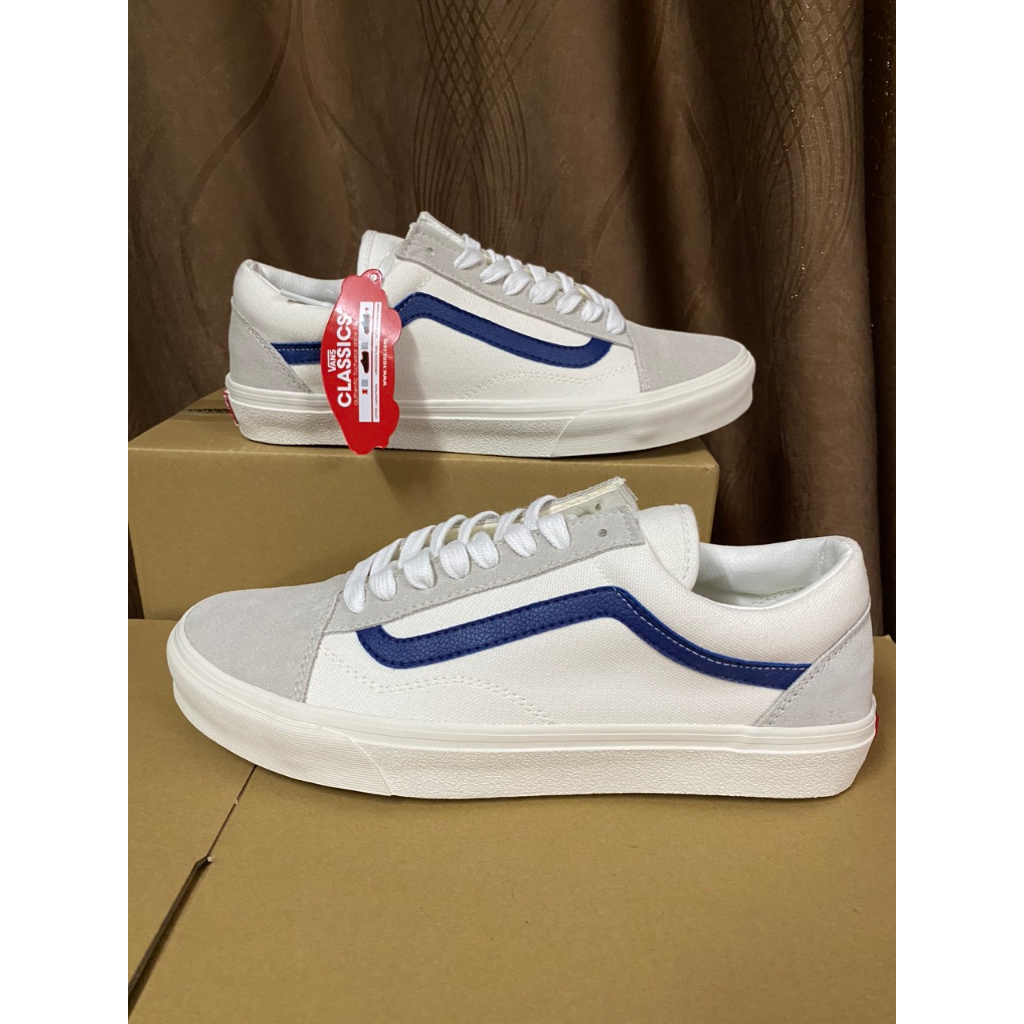 Giày Sneakers Vans Trắng Xám Sọc Xanh Dương Da Lộn R11 Giày Vans Style 36 Siêu Đẹp, Y Hình Tự Chụp