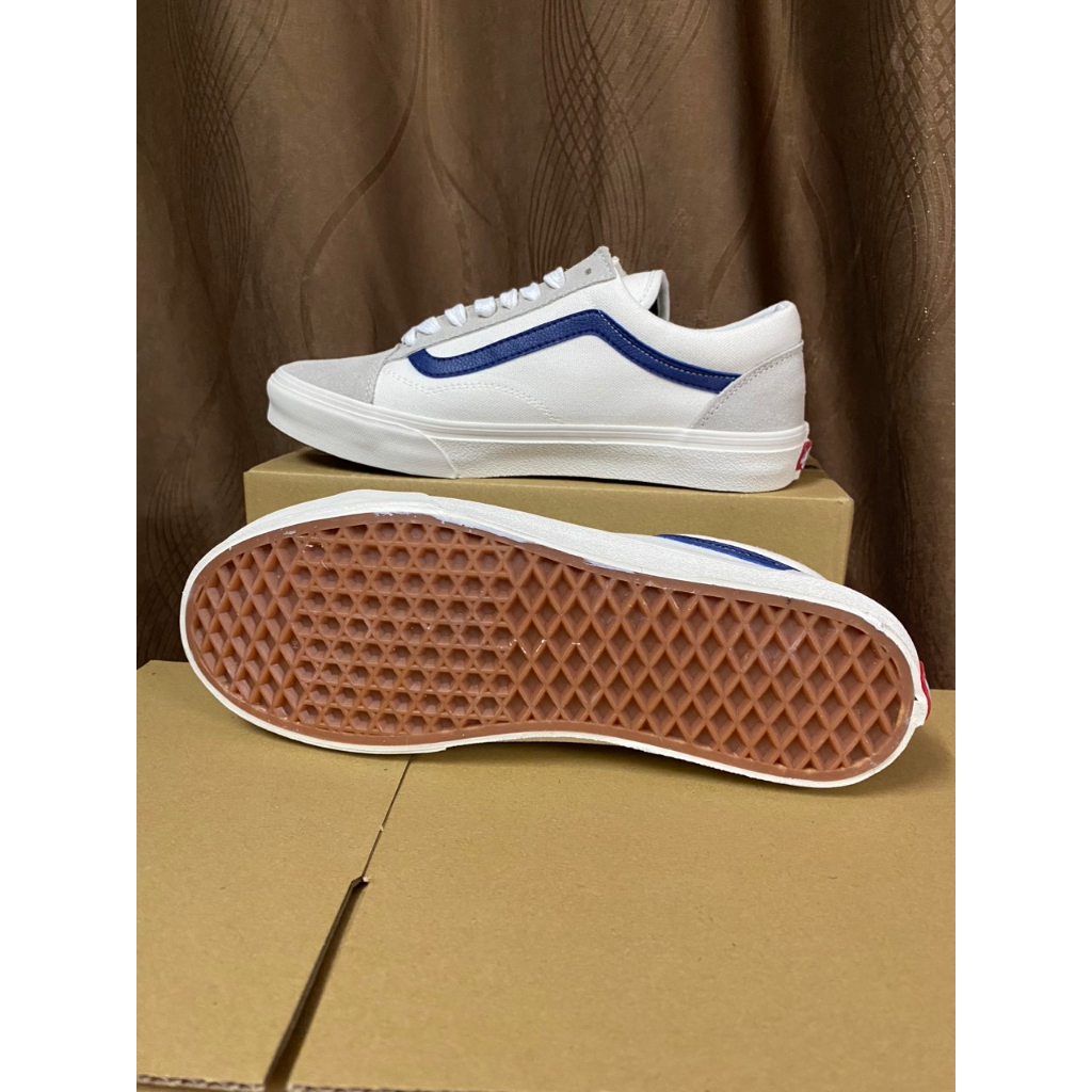 Giày Sneakers Vans Trắng Xám Sọc Xanh Dương Da Lộn R11 Giày Vans Style 36 Siêu Đẹp, Y Hình Tự Chụp