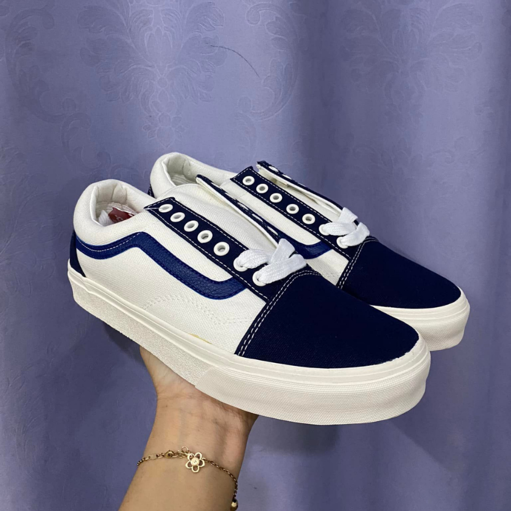 Giày Sneakers Vans Trắng Xám Sọc Xanh Dương Da Lộn R11 Giày Vans Style 36 Siêu Đẹp, Y Hình Tự Chụp