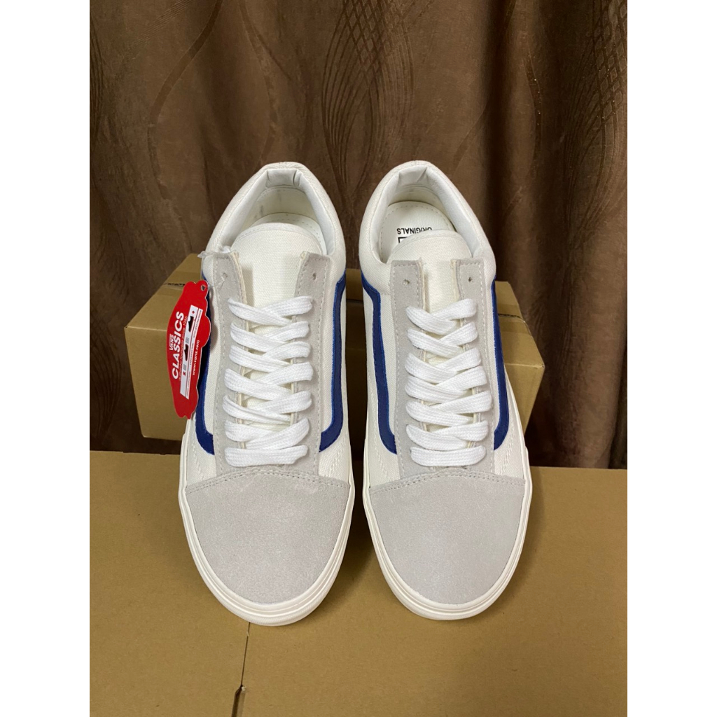 Giày Sneakers Vans Trắng Xám Sọc Xanh Dương Da Lộn R11 Giày Vans Style 36 Siêu Đẹp, Y Hình Tự Chụp
