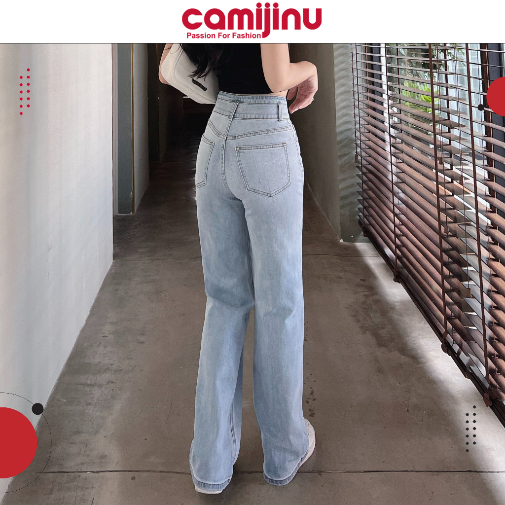 Quần Jeans Nữ Suông 3 Khuy, Gen Cạp Cao Dáng Dài Màu Đá Nhạt