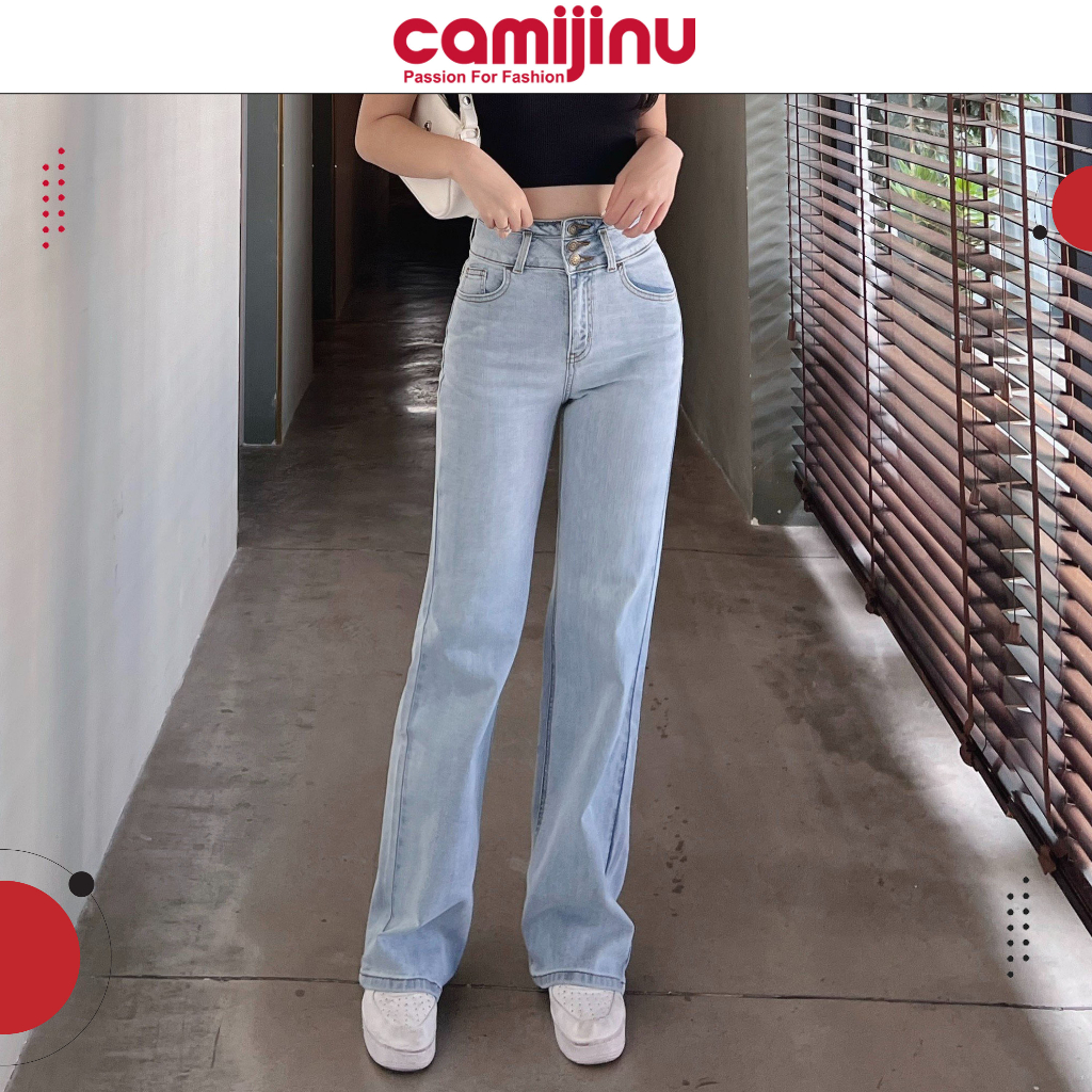 Quần Jeans Nữ Suông 3 Khuy, Gen Cạp Cao Dáng Dài Màu Đá Nhạt