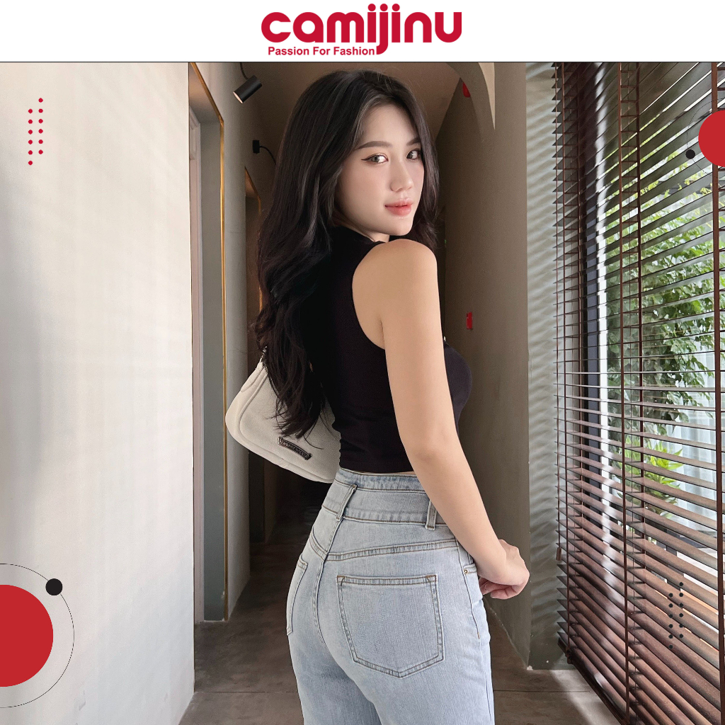 Quần Jeans Nữ Suông 3 Khuy, Gen Cạp Cao Dáng Dài Màu Đá Nhạt