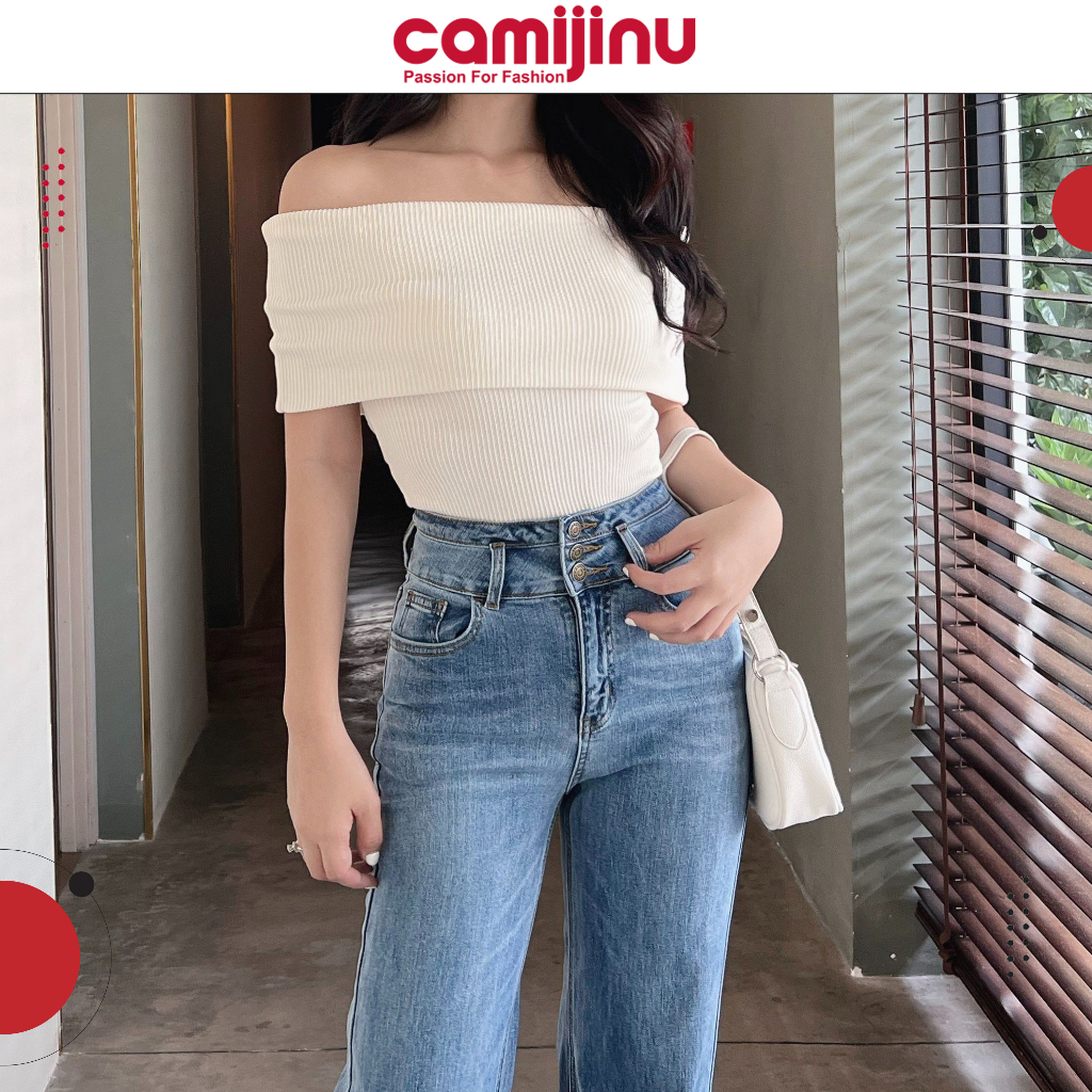 Quần Jeans Nữ Suông 3 Khuy, Gen Cạp Cao Dáng Dài Màu Đá Nhạt