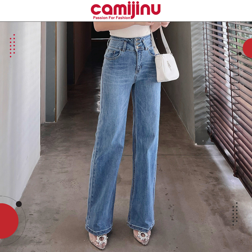 Quần Jeans Nữ Suông 3 Khuy, Gen Cạp Cao Dáng Dài Màu Đá Nhạt