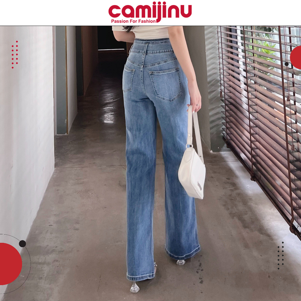 Quần Jeans Nữ Suông 3 Khuy, Gen Cạp Cao Dáng Dài Màu Đá Nhạt