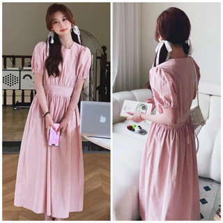 Đầm công chúa hồng cổ tròn xếp li eo