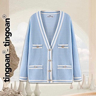 TINGOAN® - Áo khoác cardigan len xù xanh nhạt viền trắng RAINBOW BABY CARDIGAN/BABY BLUE