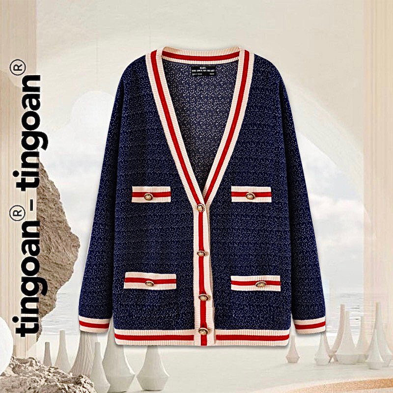 TINGOAN® - Áo khoác cardigan len xù xanh than viền RAINBOW BABY CARDIGAN/DEEP BLUE